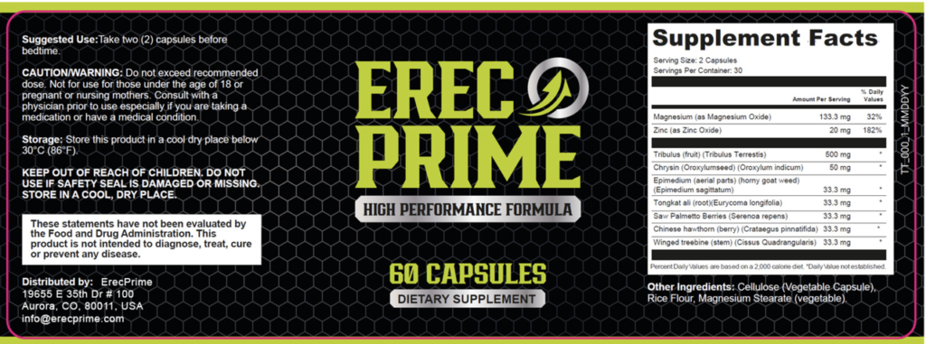 ErecPrime Ingredients Label