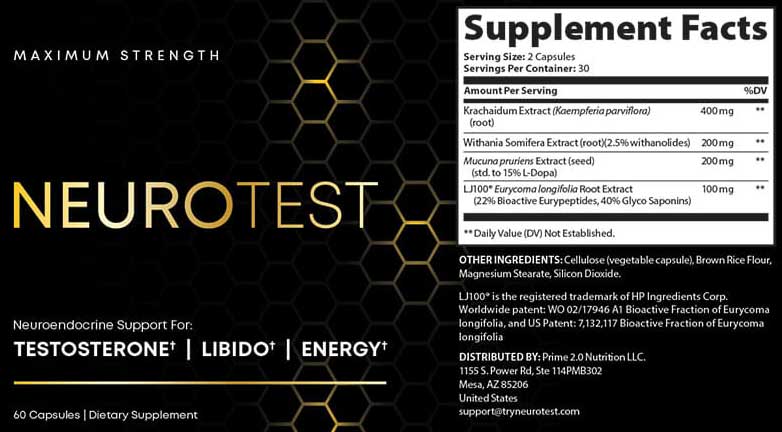 NeuroTest Ingredients Label