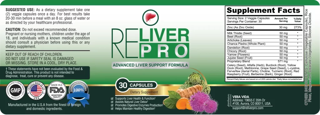 Reliever Pro Ingredients Label