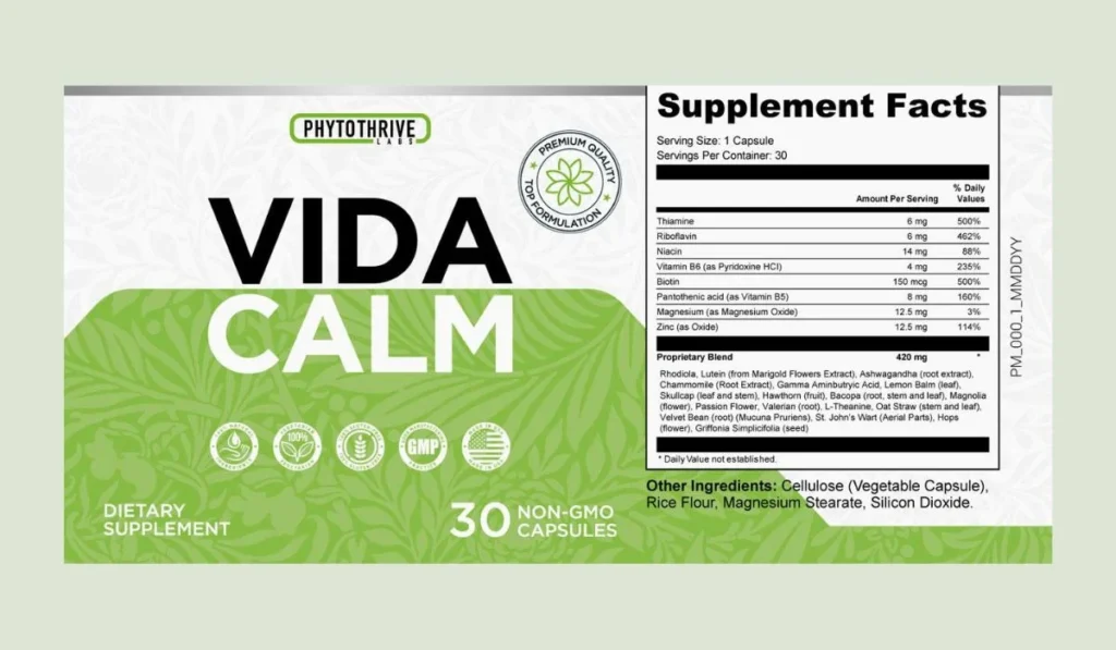 VidaCalm Ingredients Label