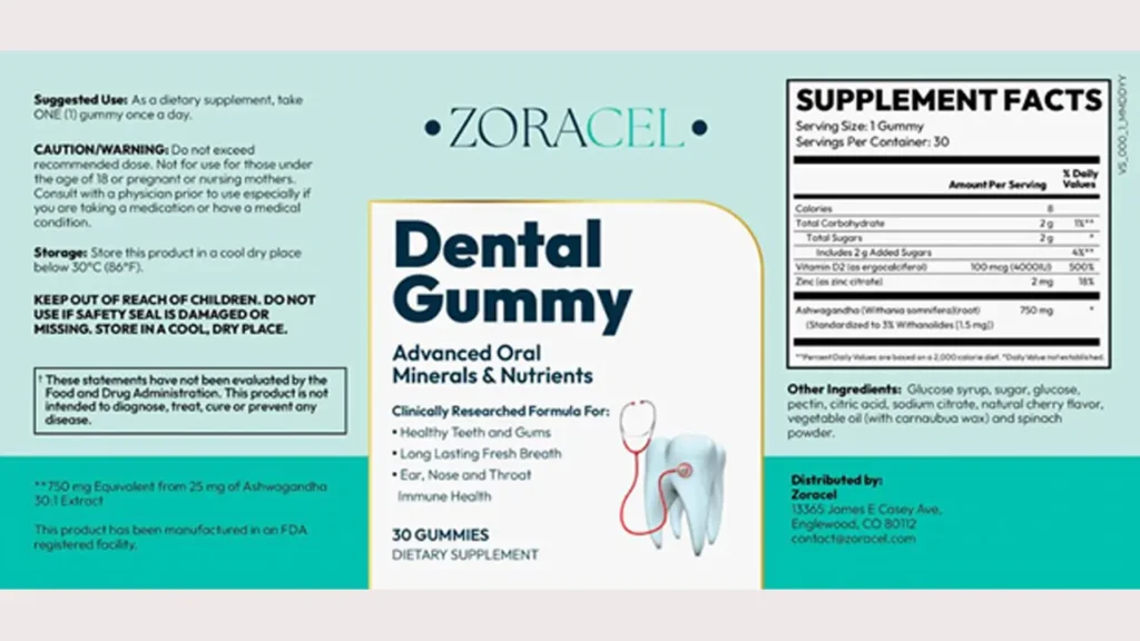 Zoracel Dental Gummies Ingredients Label