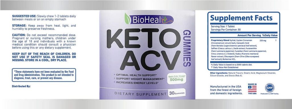 Bio Heal Keto + ACV Gummies Ingredients Label