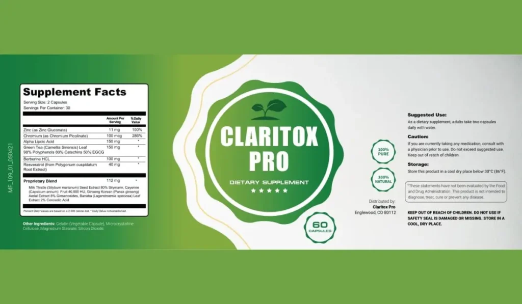 Claritox Pro Ingredients Label