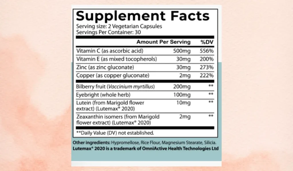 Complete Vision Formula Ingredients Label