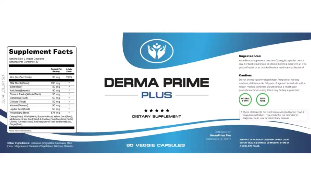 Derma Prime Plus Ingredients Label