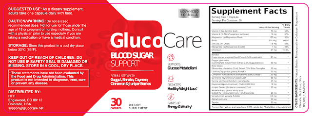 GlucoCare Ingredients Label