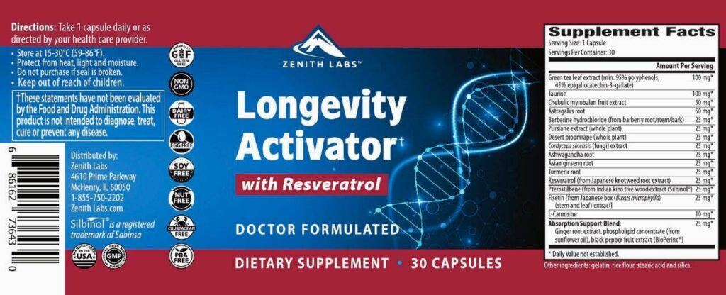 Longevity Activator Ingredients Label