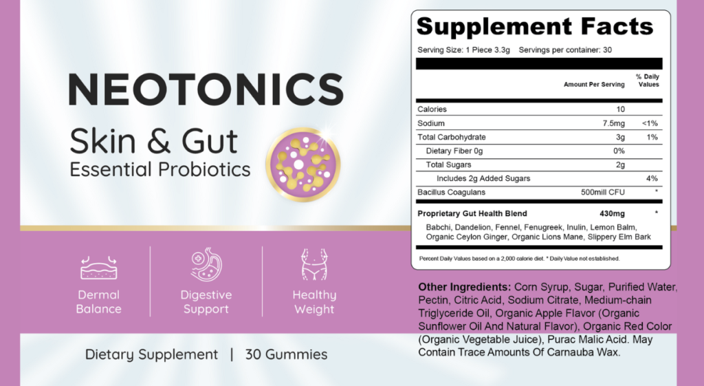 Neotonics Skin & Gut Ingredients Label