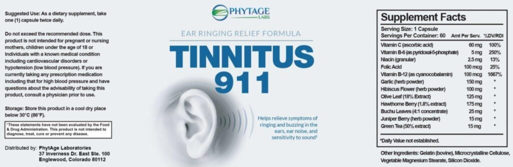 Tinnitus 911 Ingredients Label