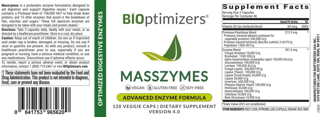 BiOptimizers Masszymes Ingredients Label