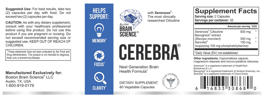 Boston Brain Science Cerebra Ingredients label