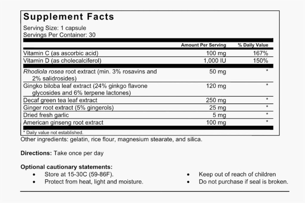 5G Male Ingredients Label