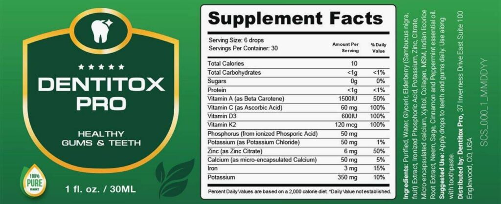 Dentitox Pro Ingredients Label