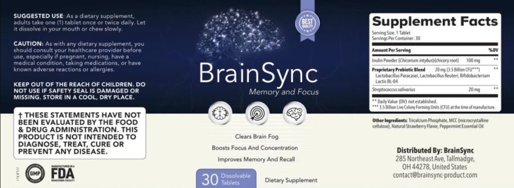 BrainSync Ingredients Label