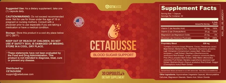 Cetadusse Ingredients Label