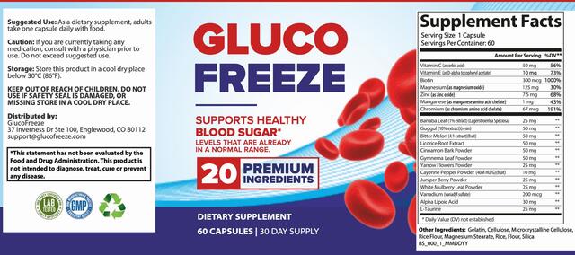 Gluco Freeze Ingredients Label