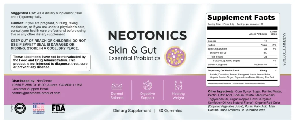 Neotonics Skin & Gut Ingredients Label