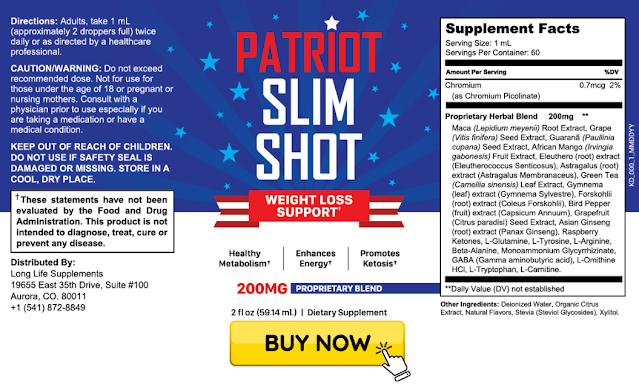 Patriot Slim Shot Ingredients Label