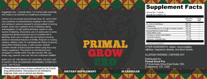 Primal Grow Pro Ingredients Label