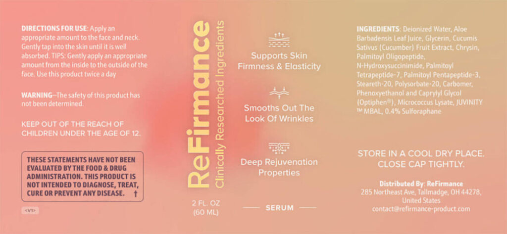 ReFirmance Ingredients Label