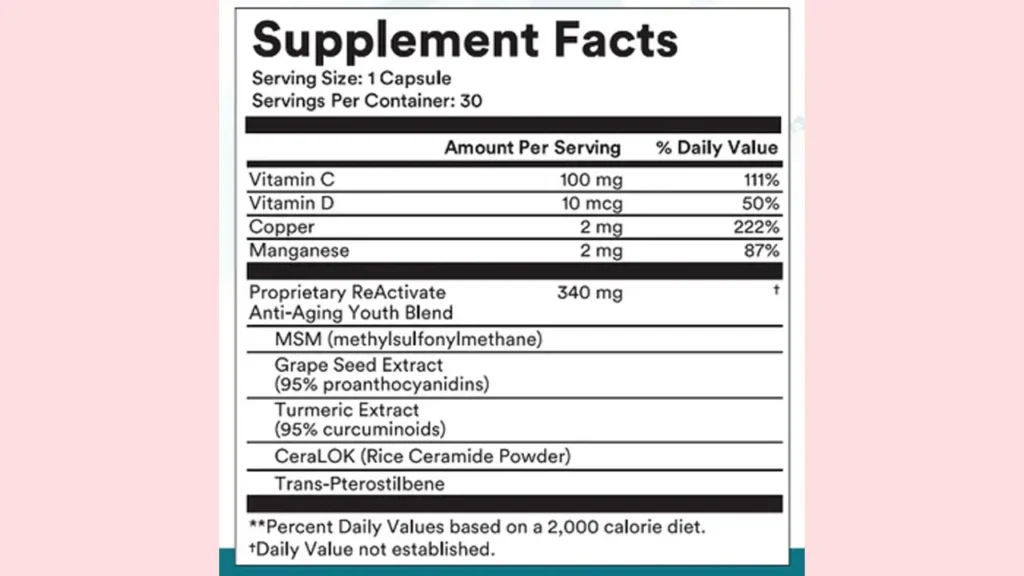 Sun Coast Sciences ReActivate Ingredients Label