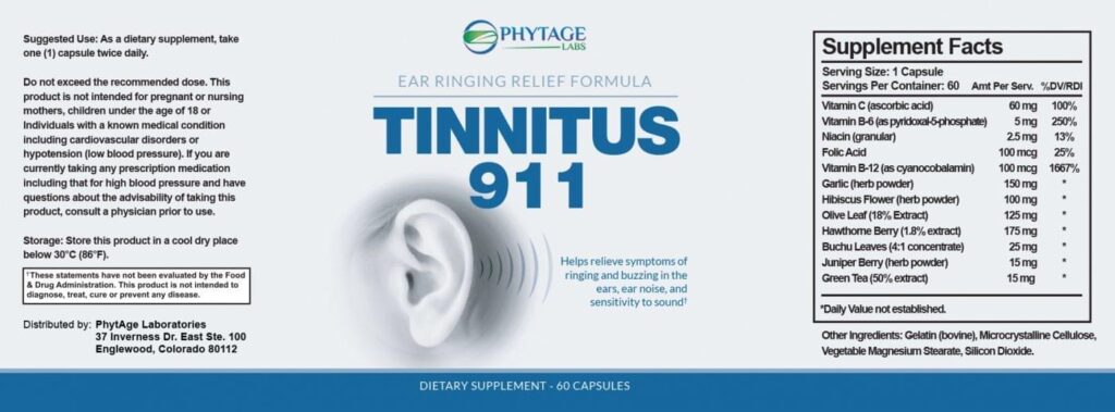 Tinnitus 911 Ingredients Label